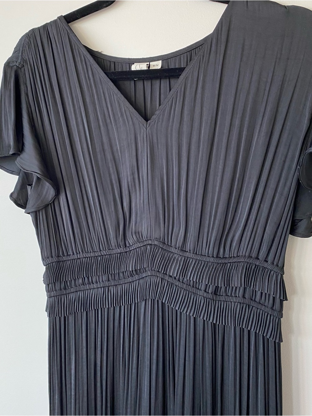 Joie Charcoal Pleated V-Neck Midi Dress